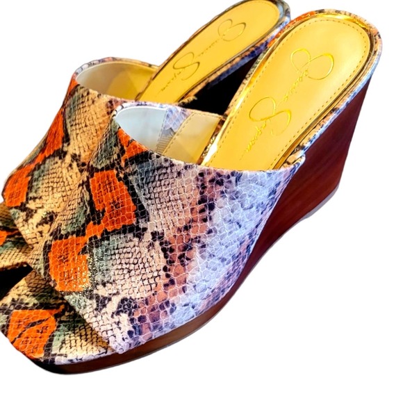 Jessica Simpson NEW snakeskin wedge heels woodgrain size 9.5 NWOT - Picture 2 of 7